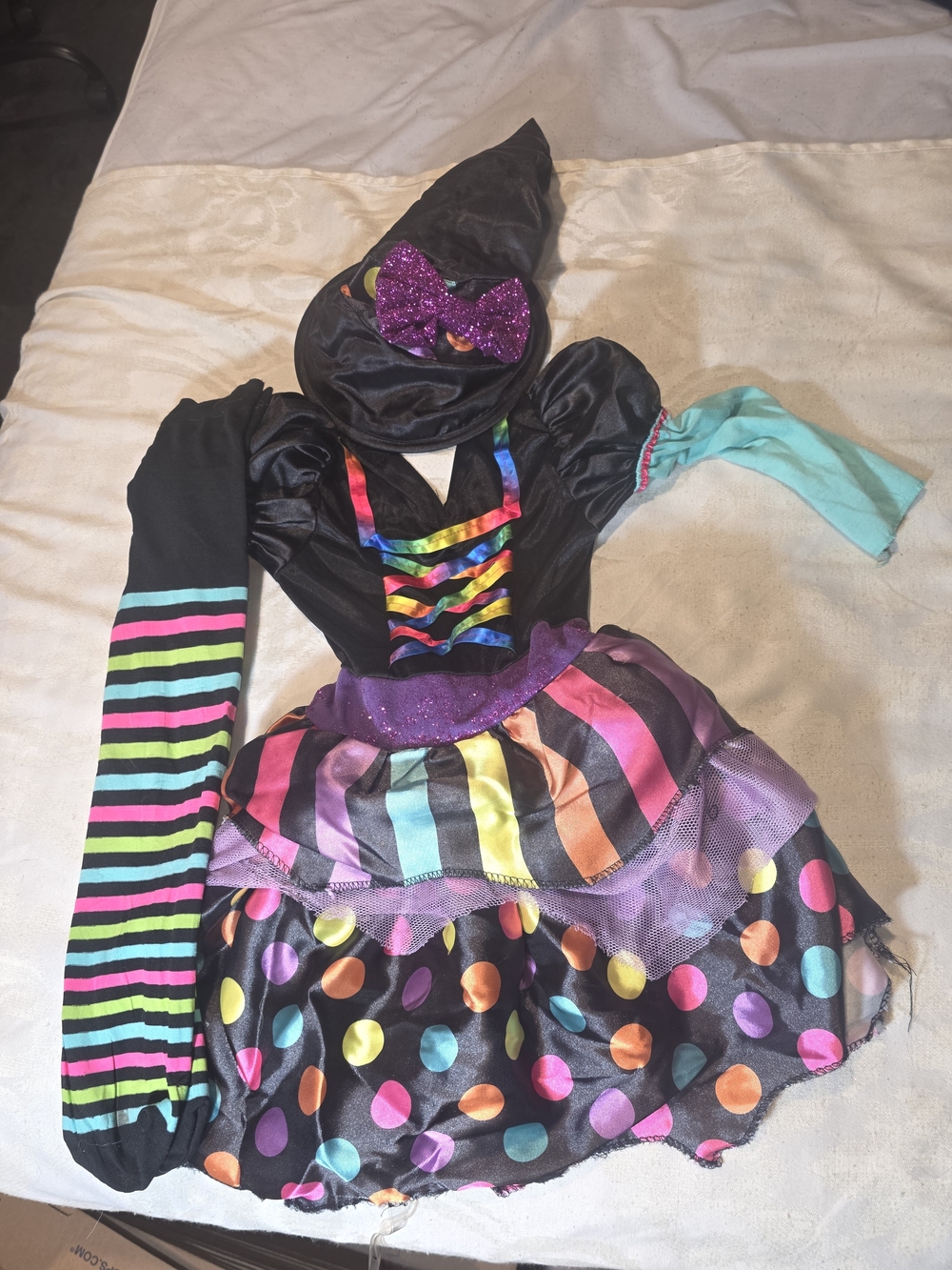 Kids Black Witch Costume with Multicolor Polka Dots and Striped Accents